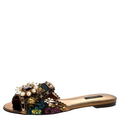 Pre-owned Dolce & Gabbana Multicolor Floral Brocade Fabric And Patent Leather Trim Faux Pearl Embellished Flat Slides Size 36.