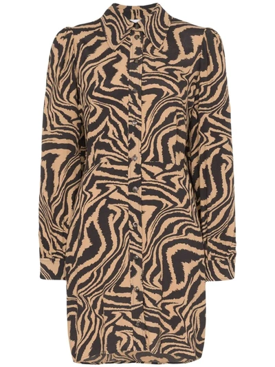 Ganni Zebra-print Mini Shirt Dress In Brown
