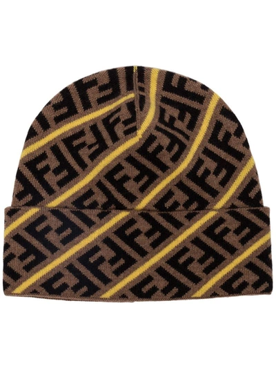 Fendi Ff Pattern Knit Beanie In Brown