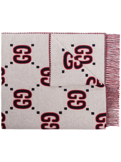 Gucci Red Reversible Cashmere Knit Scarf In White