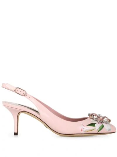 Dolce & Gabbana Crystal-embellished Floral-print Leather Slingbacks In Pink