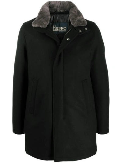 Herno Genuine Beaver Fur Collar Wool Blend Coat In 9300 Nero