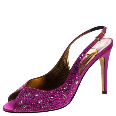 Pre-owned Gina Pink Satin Crystal Embellished Slingback Sandals Size 40.5