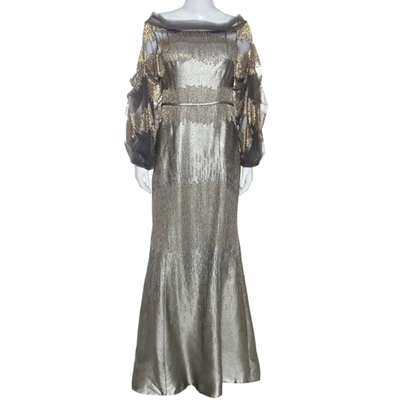 Pre-owned Carolina Herrera Silver Jacquard Embellished Detail Off Shoulder Gown M