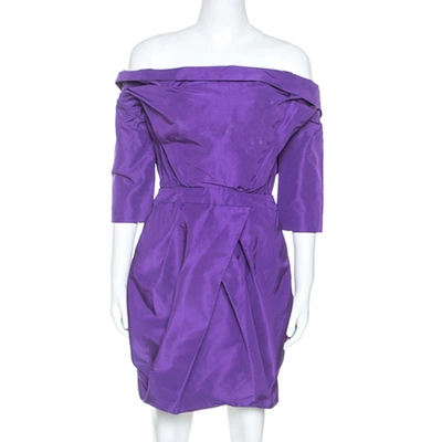 Pre-owned Vera Wang Purple Silk Crystal Embellished Off Shoulder Dress L