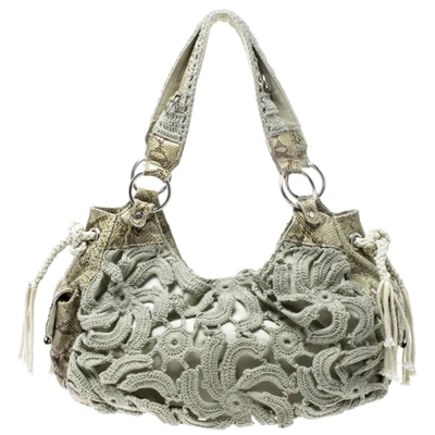 Pre-owned Gianfranco Ferre Olive Green/cream Crochet And Python Embossed Leather Tote