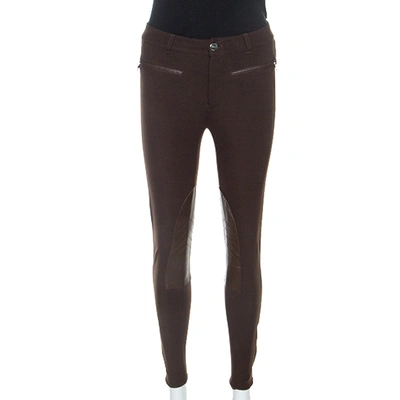 Pre-owned Ralph Lauren Brown Stretch Knit Leather Detail Leggings S