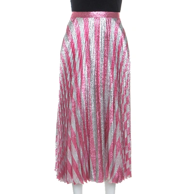 Pre-owned Gucci Metallic Pink Striped Pleated Midi Skirt M