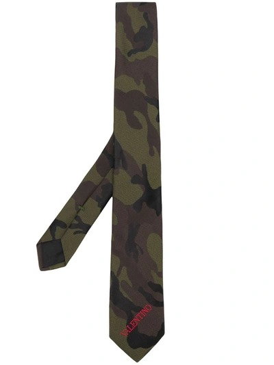 Valentino Garavani Embroidered Logo Camouflage Necktie In Green