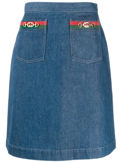 Gucci Web Double Pocket Denim Skirt In 4161 Blue Green Red