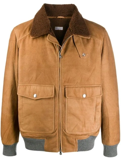 Brunello Cucinelli Shearling Collar Bomber Jacket In Cn679 Brown