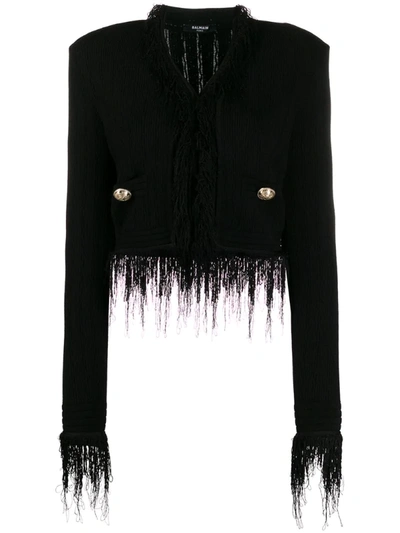 Balmain Fringed Cropped Knitted Jacket In Black