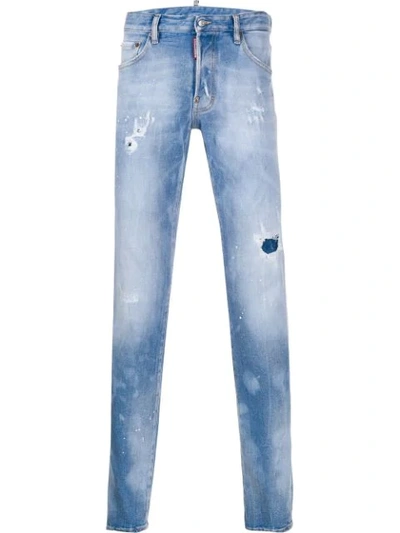 Dsquared2 Distressed Effect Logo Patch Jeans In Blue