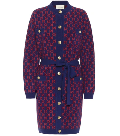 Gucci Gg Intarsia Wool Knit Cardigan Coat In Blue/orange