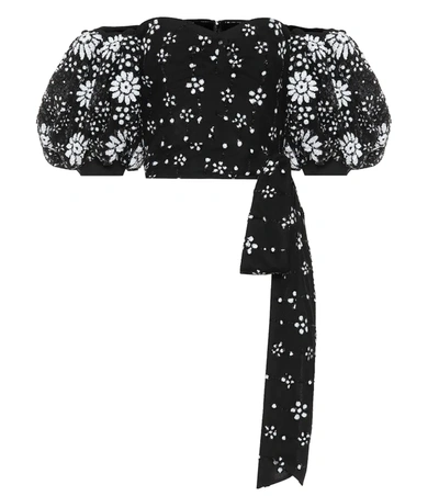 Self-portrait Floral Sequin Puff Sleeve Cropped Top In Black