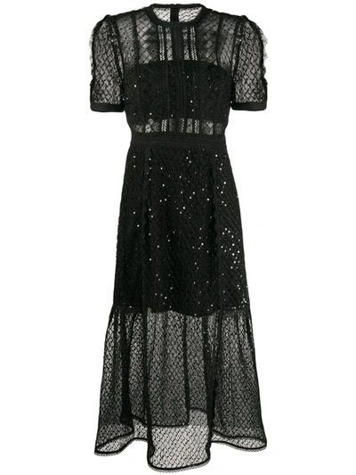 Self-portrait Long Sequined Chiffon & Lace Midi Dress In Black