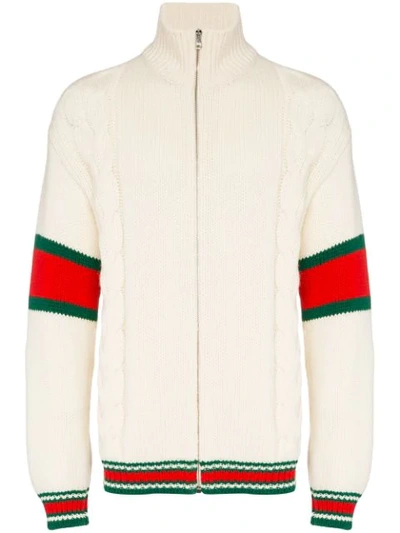 Gucci Cable Knit Web Band Cardigan In 9133 White
