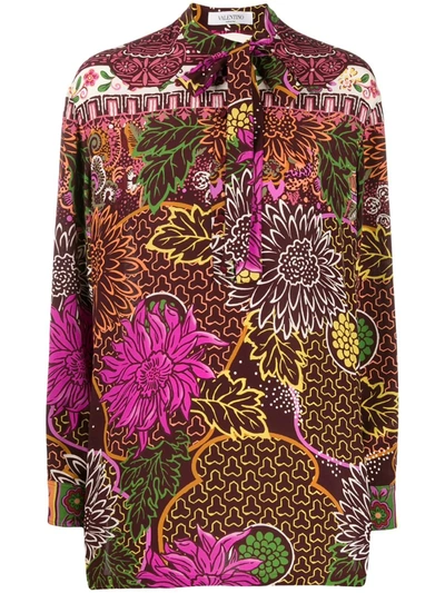 Valentino Pussy-bow Floral-print Silk Crepe De Chine Blouse In Brown