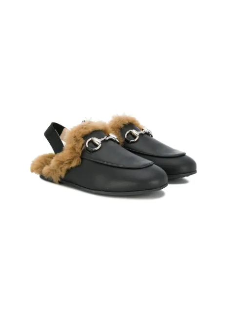 Gucci Kids Horsebit Slippers In Black Modesens