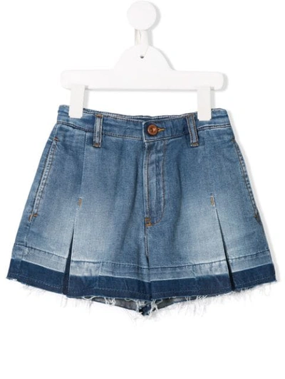 Diesel Kids' Inverted Pleat Frayed Denim Shorts In Blue