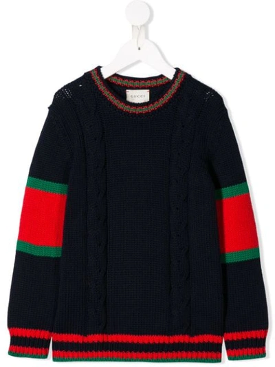 Gucci Kids' Cable Knit Jumper With Web In Blue