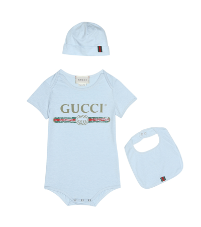 Gucci Baby's Three-piece Logo Bodysuit, Bib & Hat Set In Azzurro
