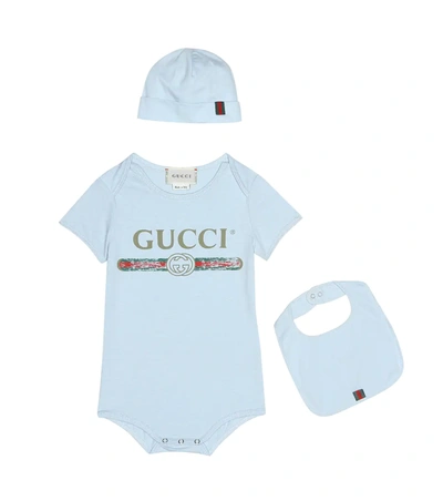 Gucci Baby's Three-piece Logo Bodysuit, Bib & Hat Set In Blue