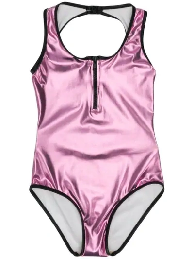 Andorine Kids' Zipper Detail Metallic-tone Swimsuit In Pink