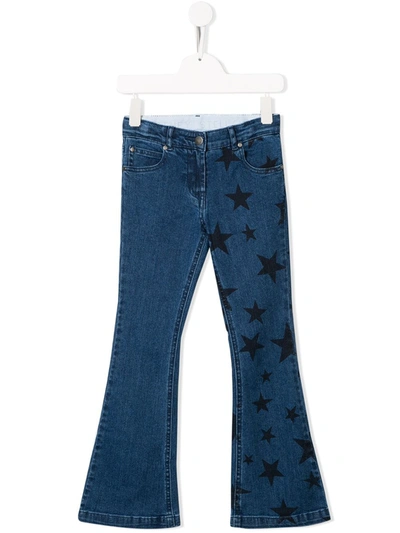 Stella Mccartney Kids' Star Print Flared Stretch Denim Jeans In Blue