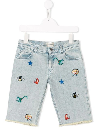 Gucci Kids' Embroidered Denim Shorts In Blue