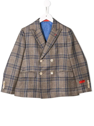 Isaia Kids' Plaid Double-breasted Blazer In Brown