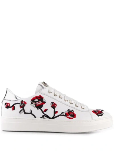 Cesare Paciotti Teen Rose Embroidered Trainers In White