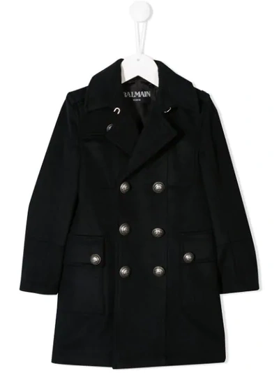 Balmain Kids' Double Breasted Trench Coat In Blue