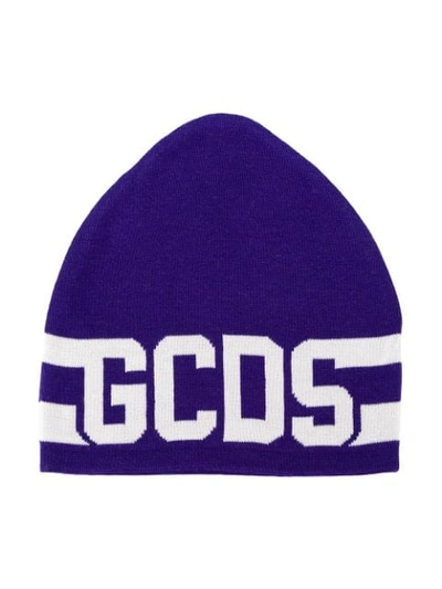 Gcds Kids' Logo Intarsia Beanie In Blue