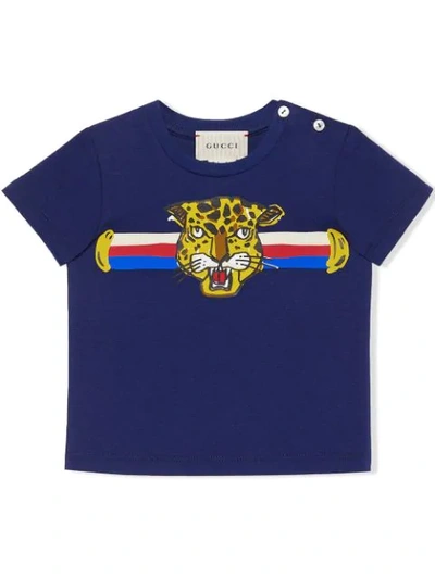 Gucci Baby T-shirt With Leopard Print In Inchiostro