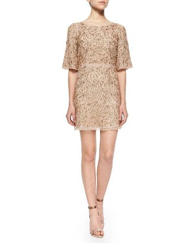 Alice And Olivia Drina Embellished Mesh Dress In Nude/rose Gold