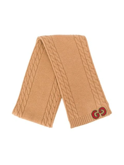 Gucci Kids' Cable Knit Trim Scarf In Brown