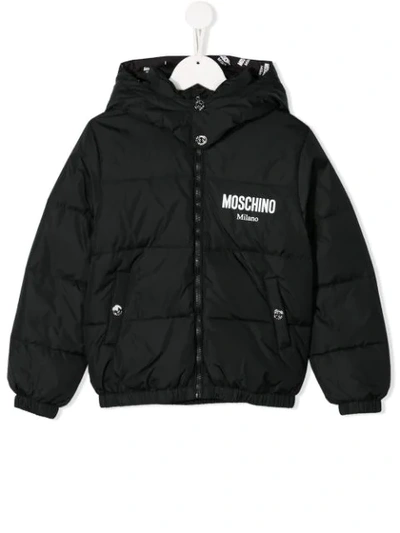 Moschino Teen Padded Logo Hooded Jacket In Black
