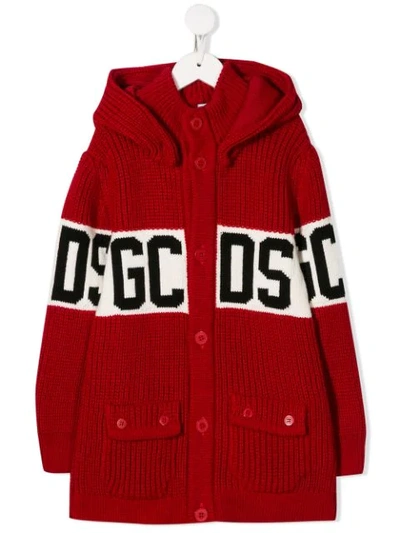 Gcds Kids' Hooded Logo Cardigan In Red