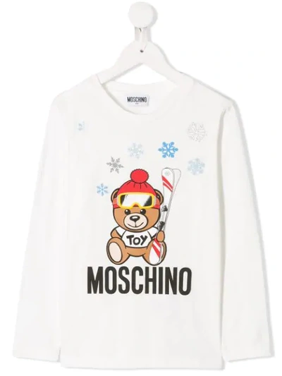 Moschino Kids' Skiing Bear Print T-shirt In White