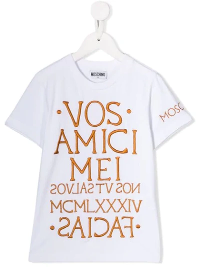 Moschino Kids' Latin Embroidered T-shirt In Bianco Ottico