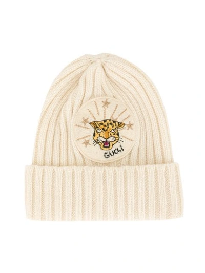 Gucci Kids' Tiger Patch Cashmere Beanie In White