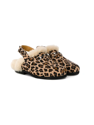 Gallucci Kids' Leopard-print Shearling Slippers In Brown