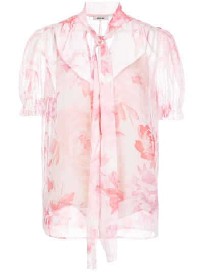 Jason Wu Floral Printed Tie-neck Short-sleeve Top W/ Cami In Pink