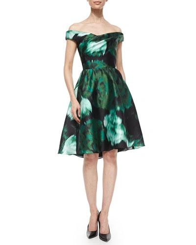 Lela Rose Off-the-shoulder Floral Ikat Fit-and-flare Dress, Green