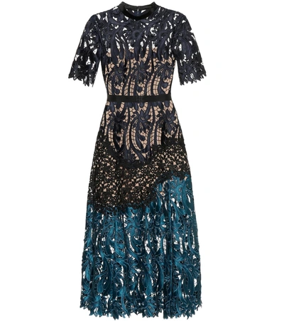 Self-portrait Satin And Grosgrain-trimmed Paneled Guipure Lace Midi Dress In Midnight Blue