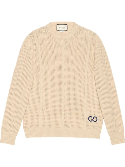 Gucci Logo-embroidered Cable-knit Wool-blend Jumper In Neutrals