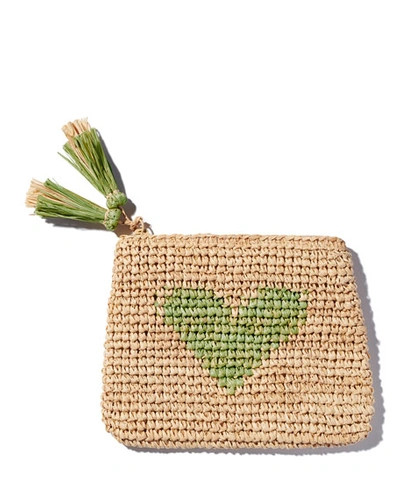 Aerin Heart Raffia Zip Pouch, Chartreuse