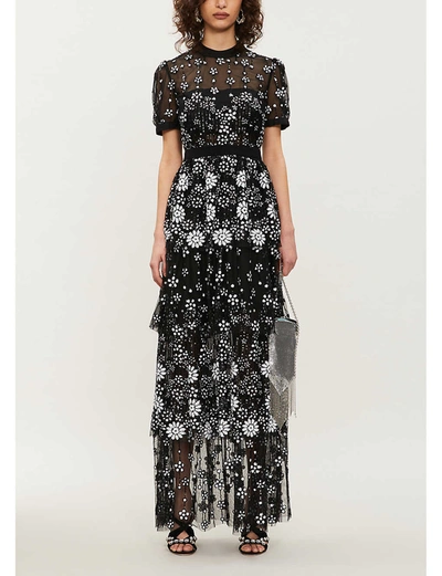 Self-portrait Floral Sequin Band-collar Midi Dress In Black