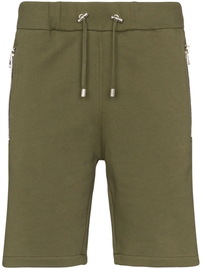 Balmain Embossed Logo Cotton Track Shorts In Green